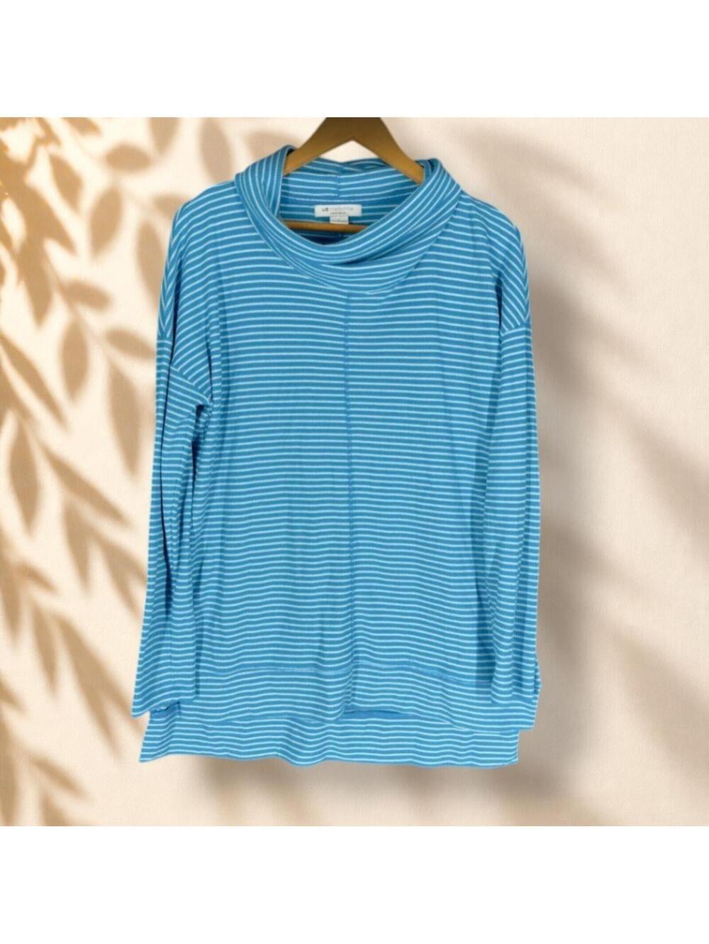 Liz Claiborne Sweater Pullover Women L Large Blue Striped Knit Long Sleeve Soft